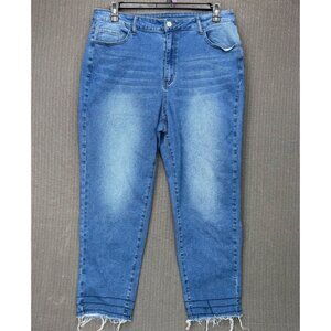 Gilipur Womens Plus Size 2XL Blue Tapered Leg Denim Jeans With Frayed Hem